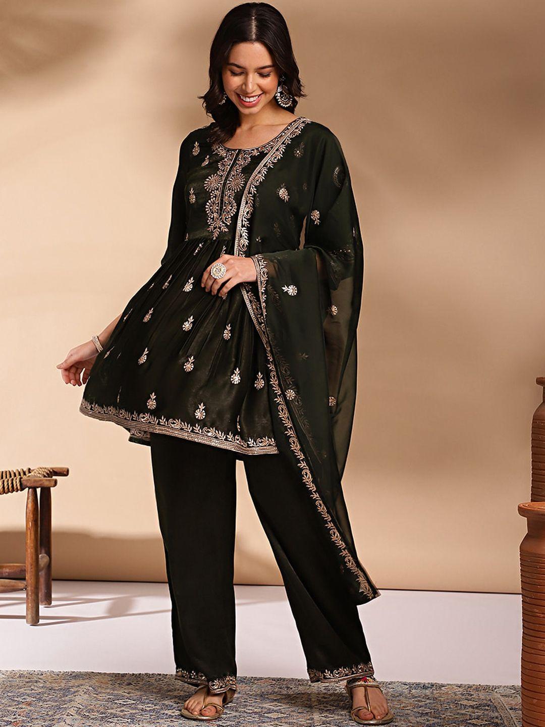 anouk women ethnic motifs embroidered pleated thread work kurta with palazzos & with dupatta