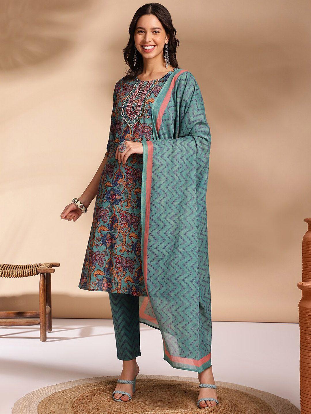 anouk women ethnic motifs embroidered regular mirror work pure cotton kurta with trousers & with dupatta