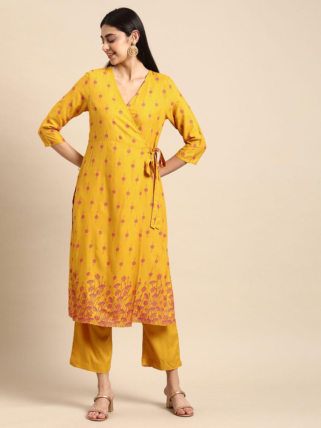 anouk women ethnic motifs printed angrakha kurta with palazzos