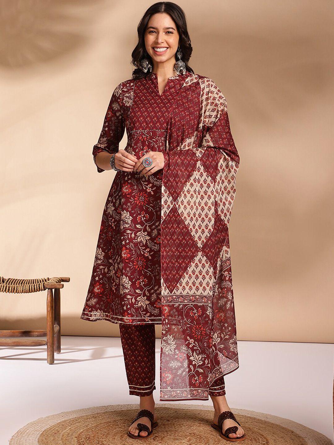 anouk women ethnic motifs printed empire gotta patti pure cotton kurta with trousers & with dupatta