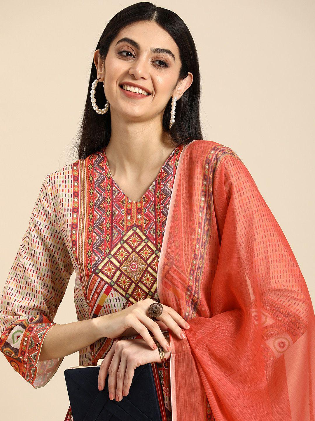 anouk women ethnic motifs printed kurta with palazzos & with dupatta