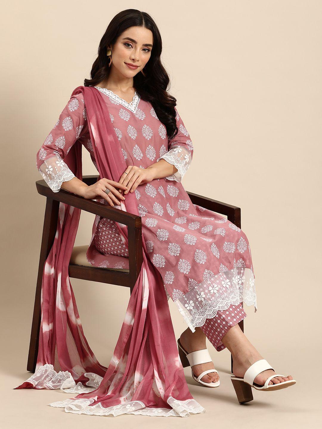 anouk women ethnic motifs printed regular kurta with trousers & dupatta