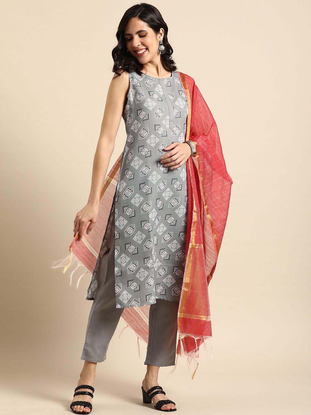 anouk women ethnic motifs printed regular pure cotton kurta with trousers & with dupatta