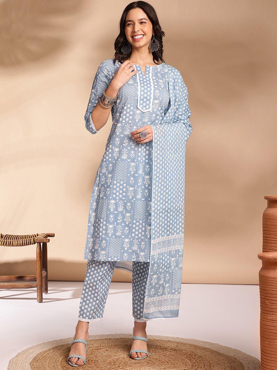 anouk women ethnic motifs printed regular pure cotton kurta with trousers & with dupatta