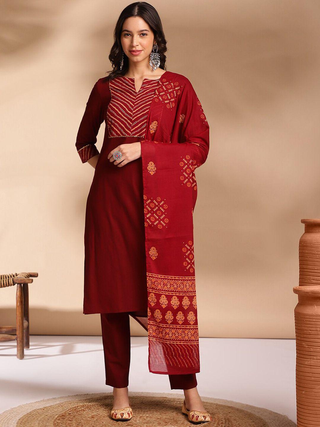 anouk women ethnic motifs yoke design regular pure cotton kurta with trousers & with dupatta