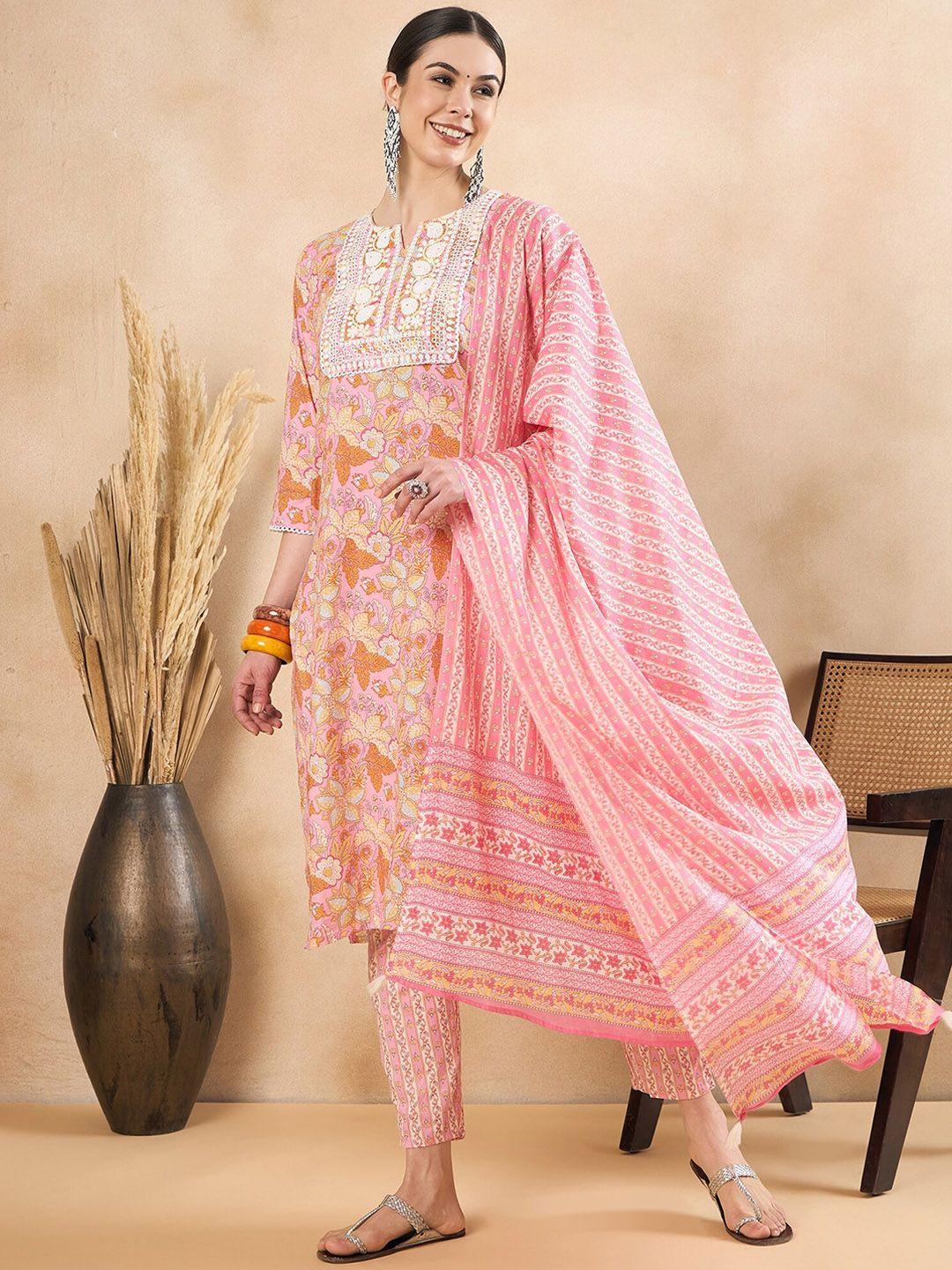 anouk women floral embroidered regular thread work pure cotton kurta with trousers & with dupatta