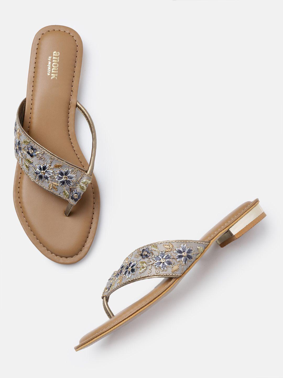 anouk women floral embroidered t-strap flats