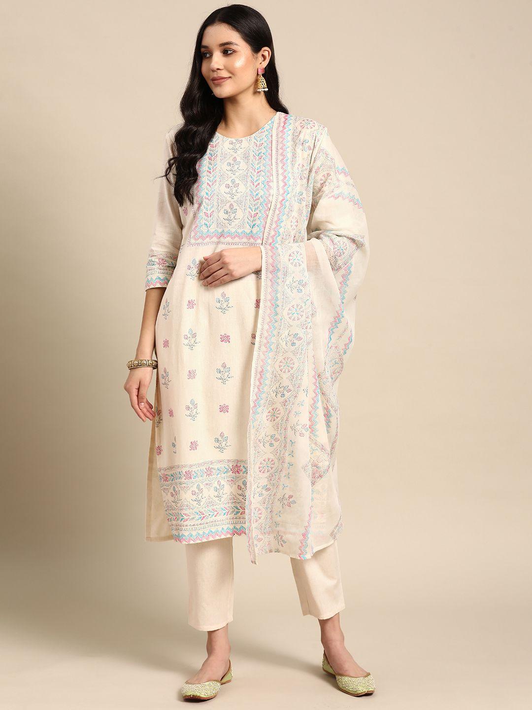 anouk women floral khari printed pure cotton kurta with trousers & dupatta