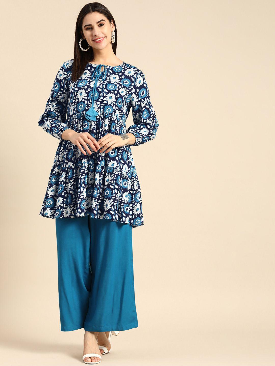 anouk women floral print tie-up neck pleated kurta with palazzos