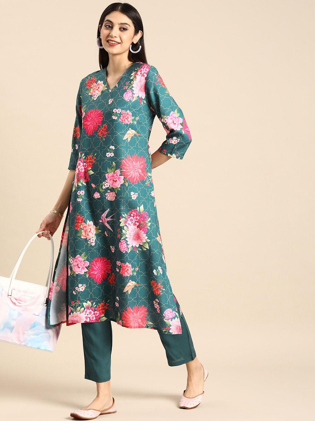 anouk women floral printed a-line kurta with trousers