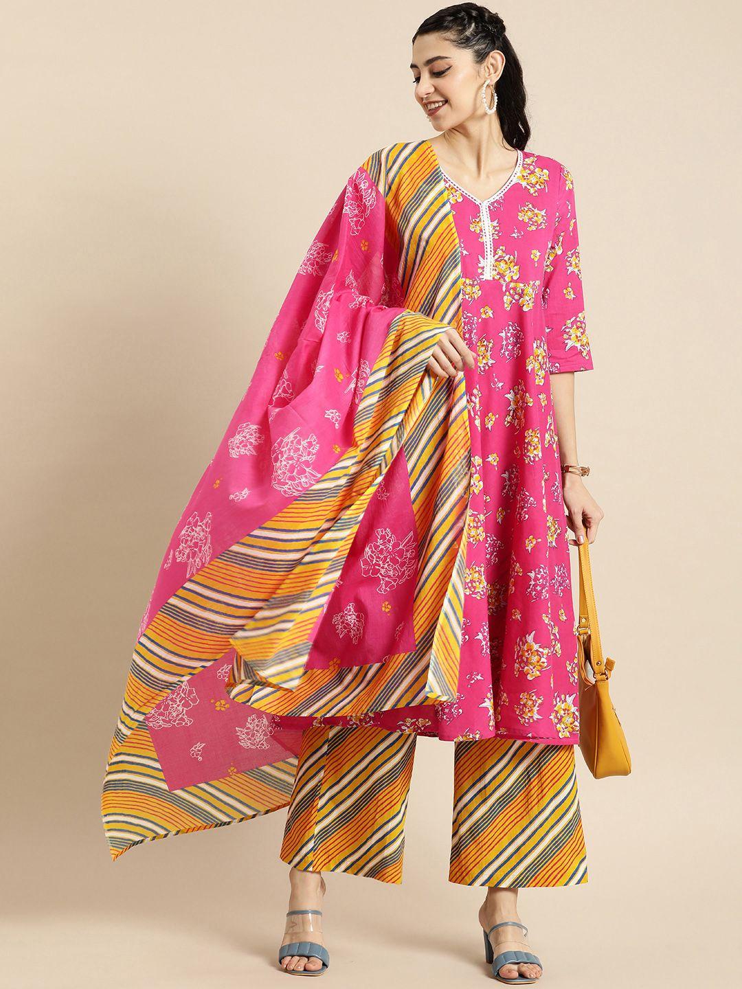 anouk women floral printed a-line pure cotton kurta with palazzos & with dupatta