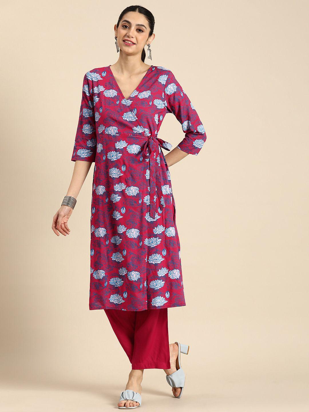 anouk women floral printed angrakha kurta with trousers