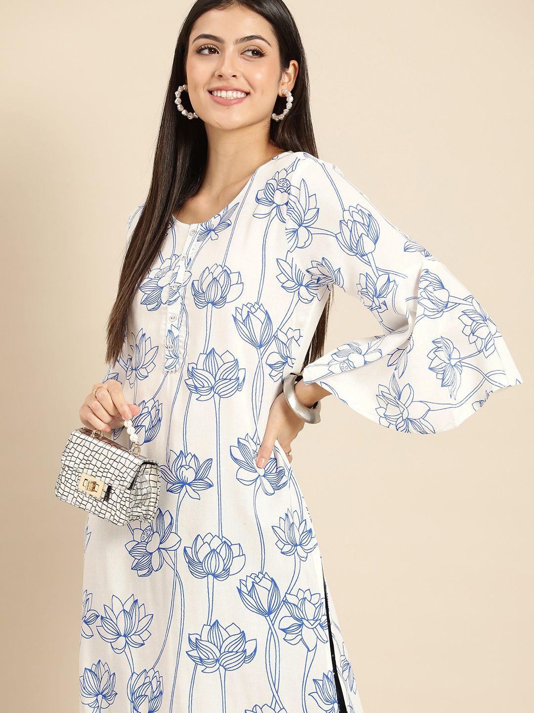anouk women floral printed bell sleeves straight kurta