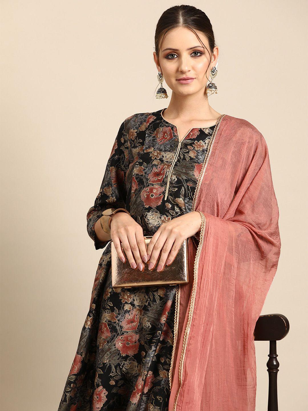 anouk women floral printed empire chanderi silk kurta with churidar & with dupatta