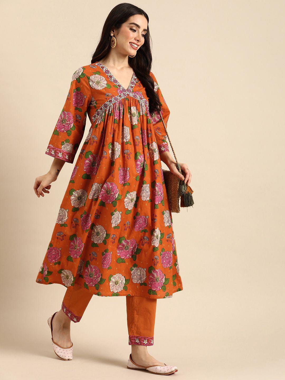 anouk women floral printed empire style pure cotton kurta & trousers