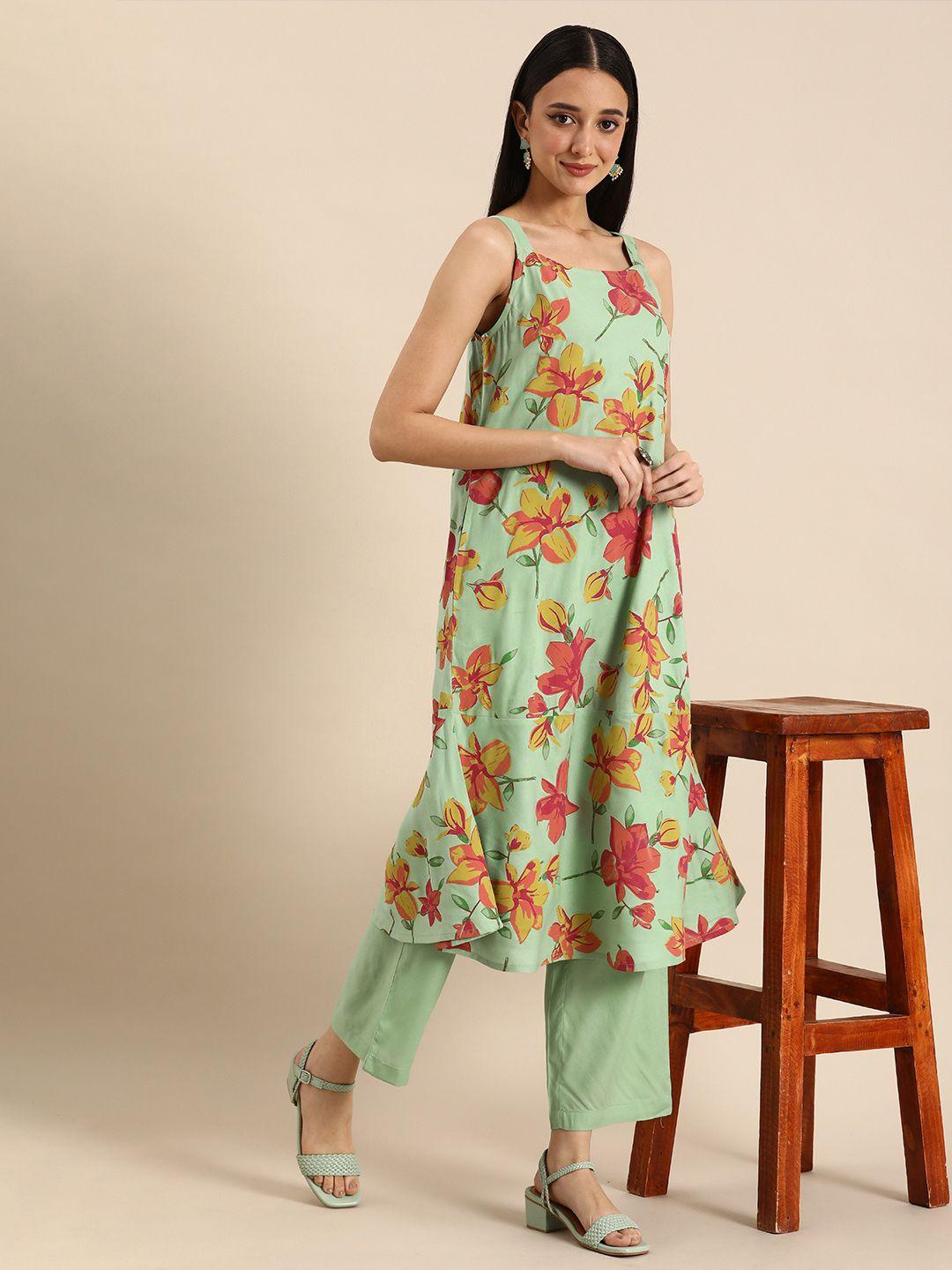 anouk women floral printed kurta with palazzos