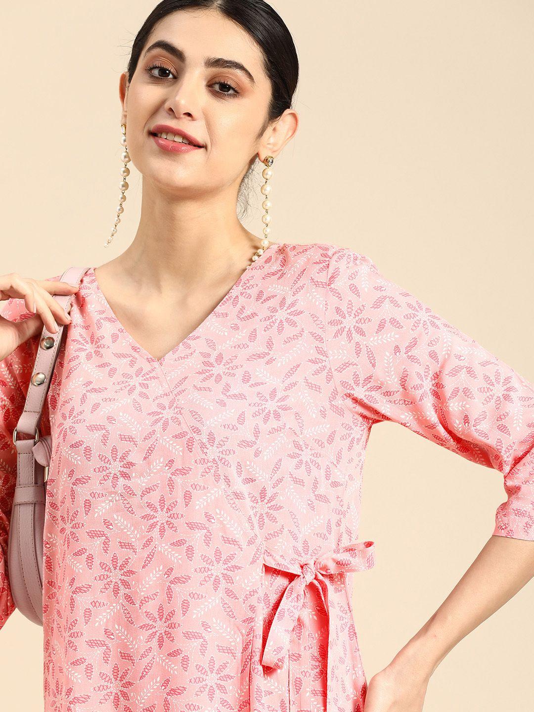 anouk women floral printed kurta with tie up details