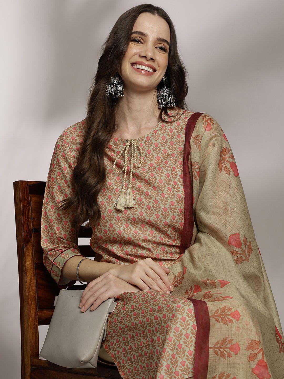 anouk women floral printed kurta with trousers & dupatta