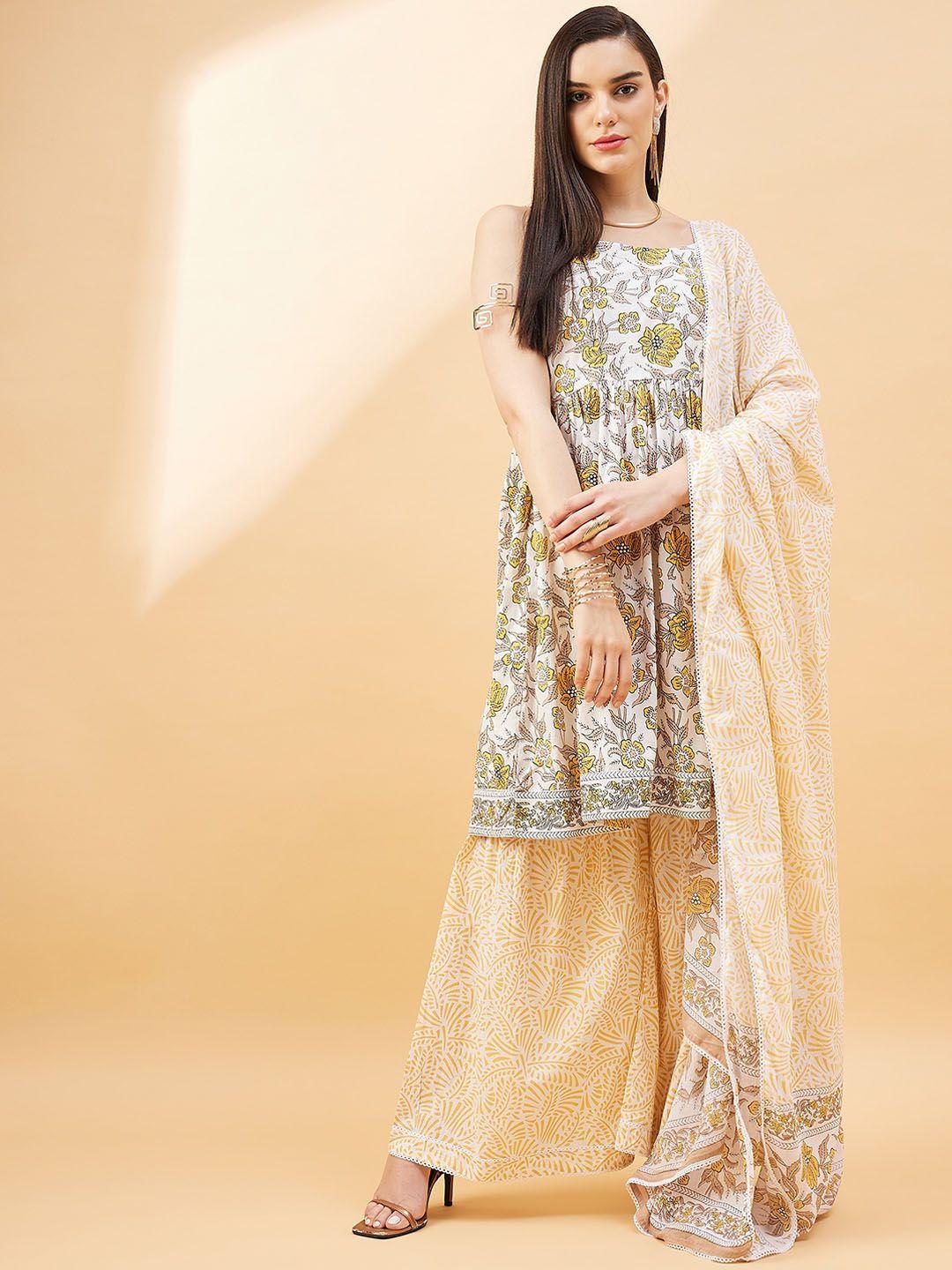 anouk women floral printed pleated gotta patti pure cotton kurta with palazzos & with dupatta