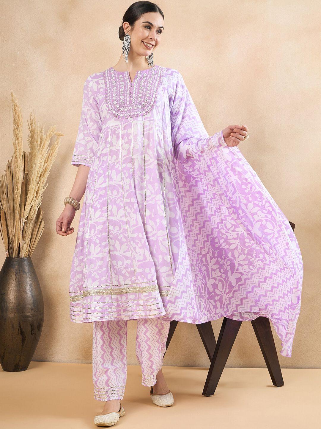 anouk women floral printed regular gotta patti pure cotton kurta with trousers & with dupatta