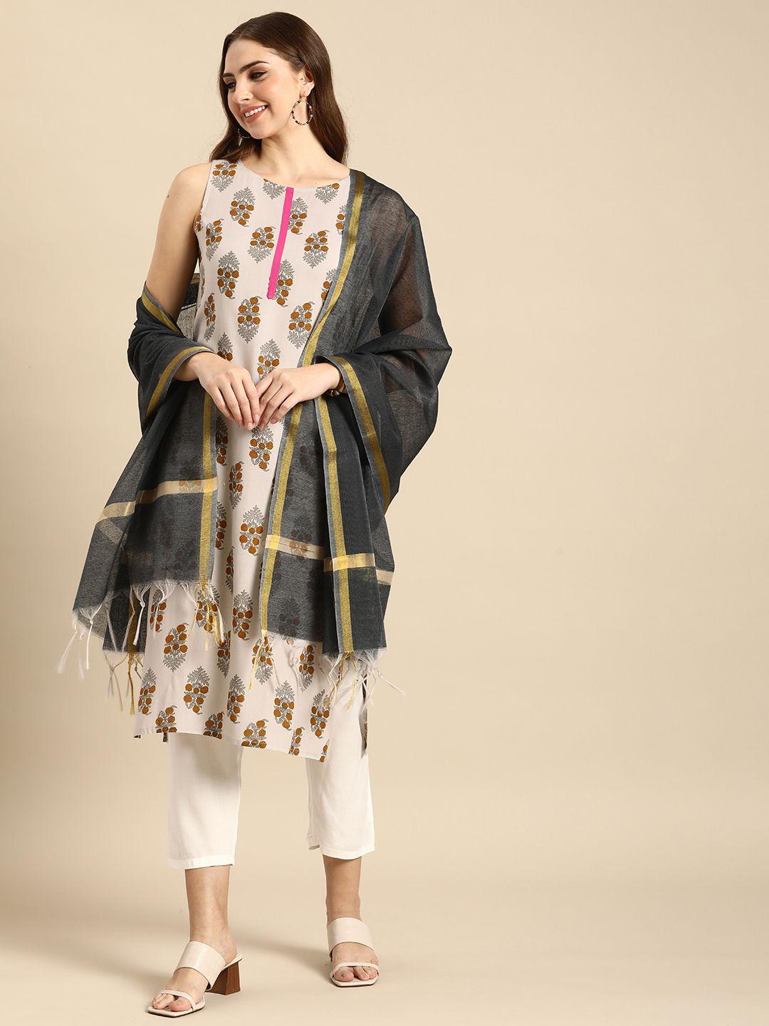 anouk women floral printed regular kurta with trousers & dupatta