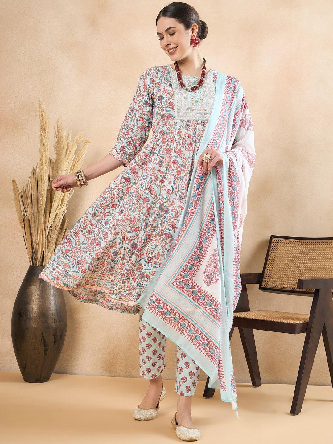 anouk women floral printed regular mirror work pure cotton kurta with trousers & with dupatta
