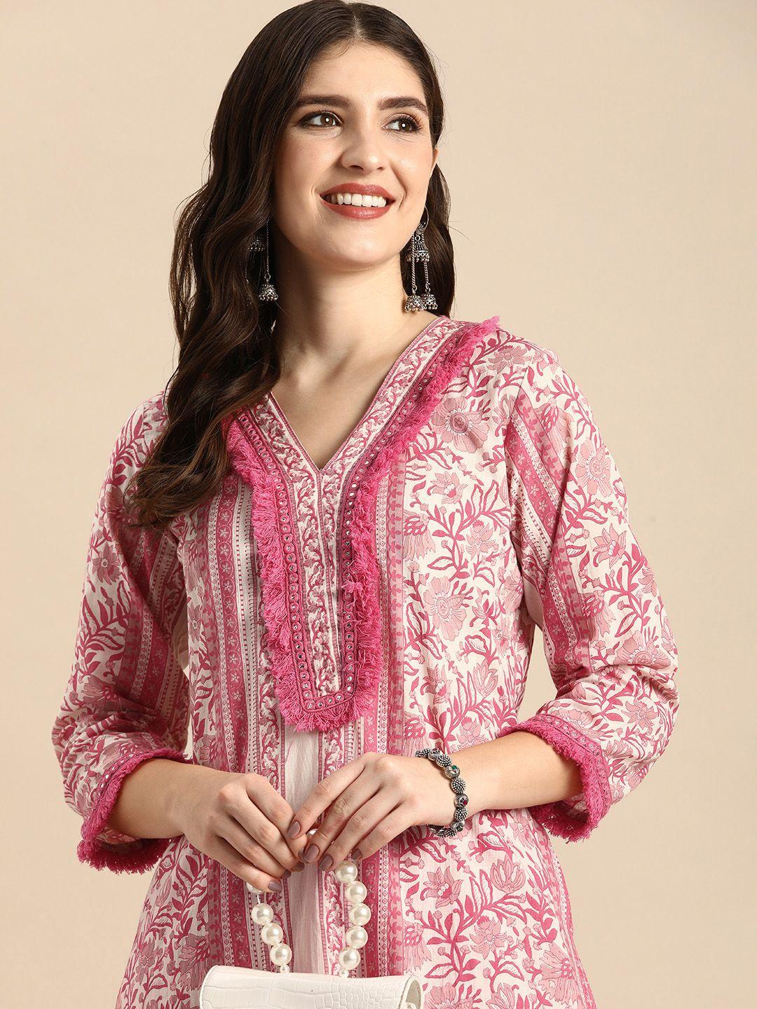 anouk women floral printed regular mirror work pure cotton kurta with trousers
