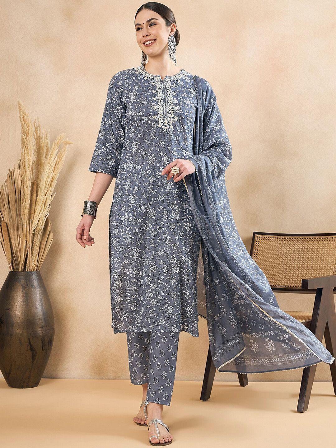 anouk women floral printed regular thread work pure cotton kurta with trousers & with dupatta