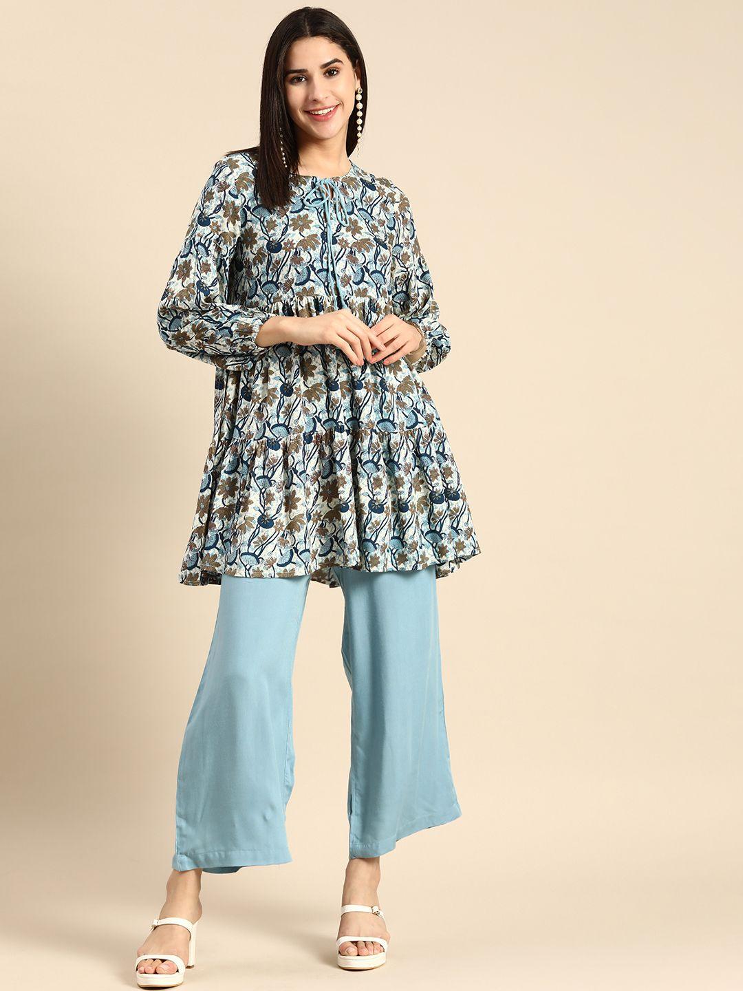 anouk women floral printed tiered kurta with palazzos