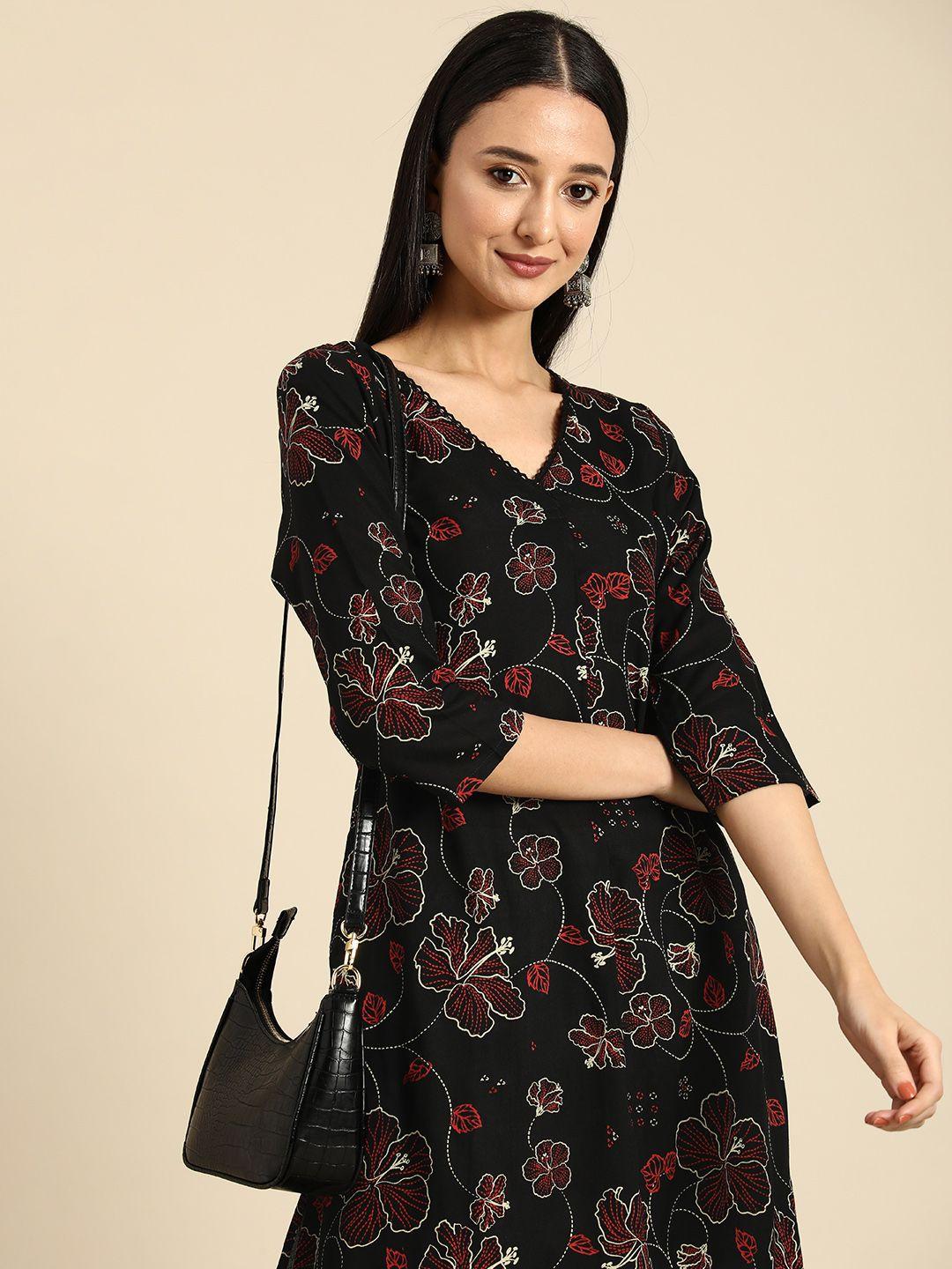 anouk women floral printed v neck a-line kurta with lace detailing