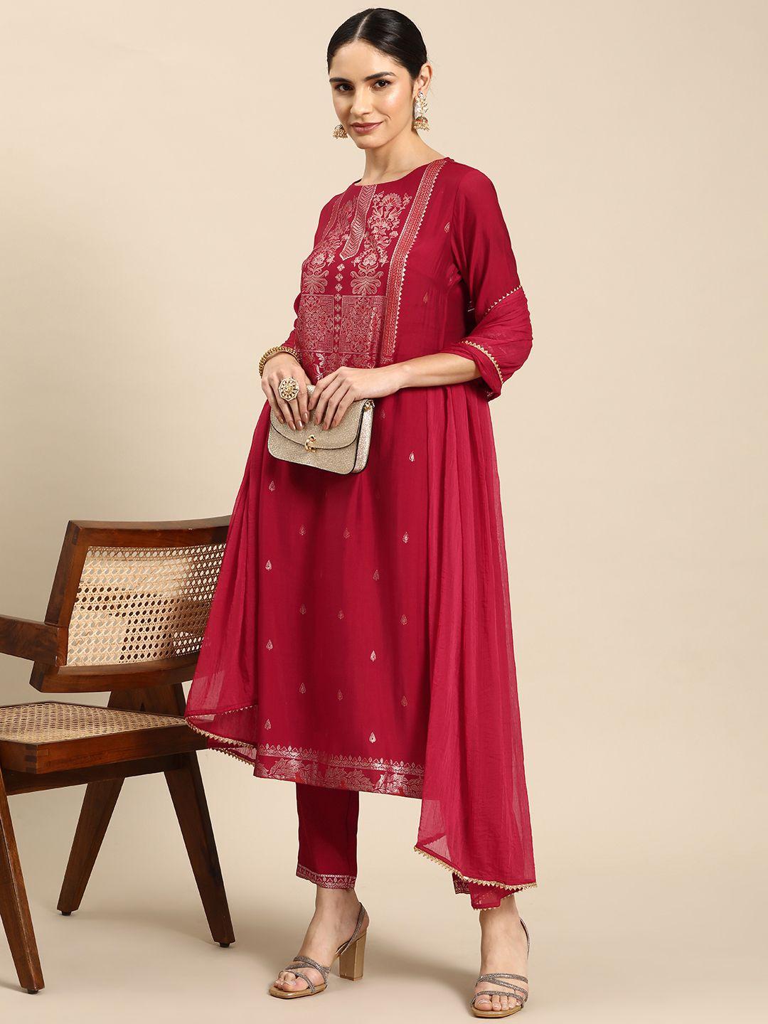 anouk women floral yoke design regular kurta with trousers & with dupatta