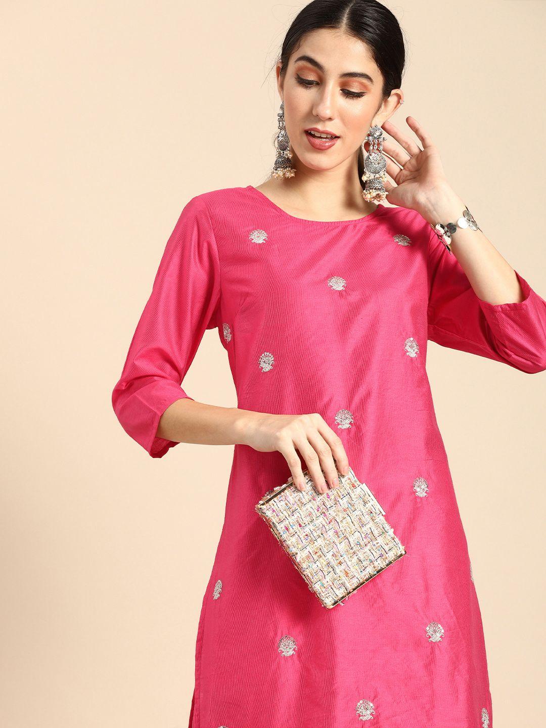 anouk women fuchsia ethnic motifs embroidered kurta with sequin work