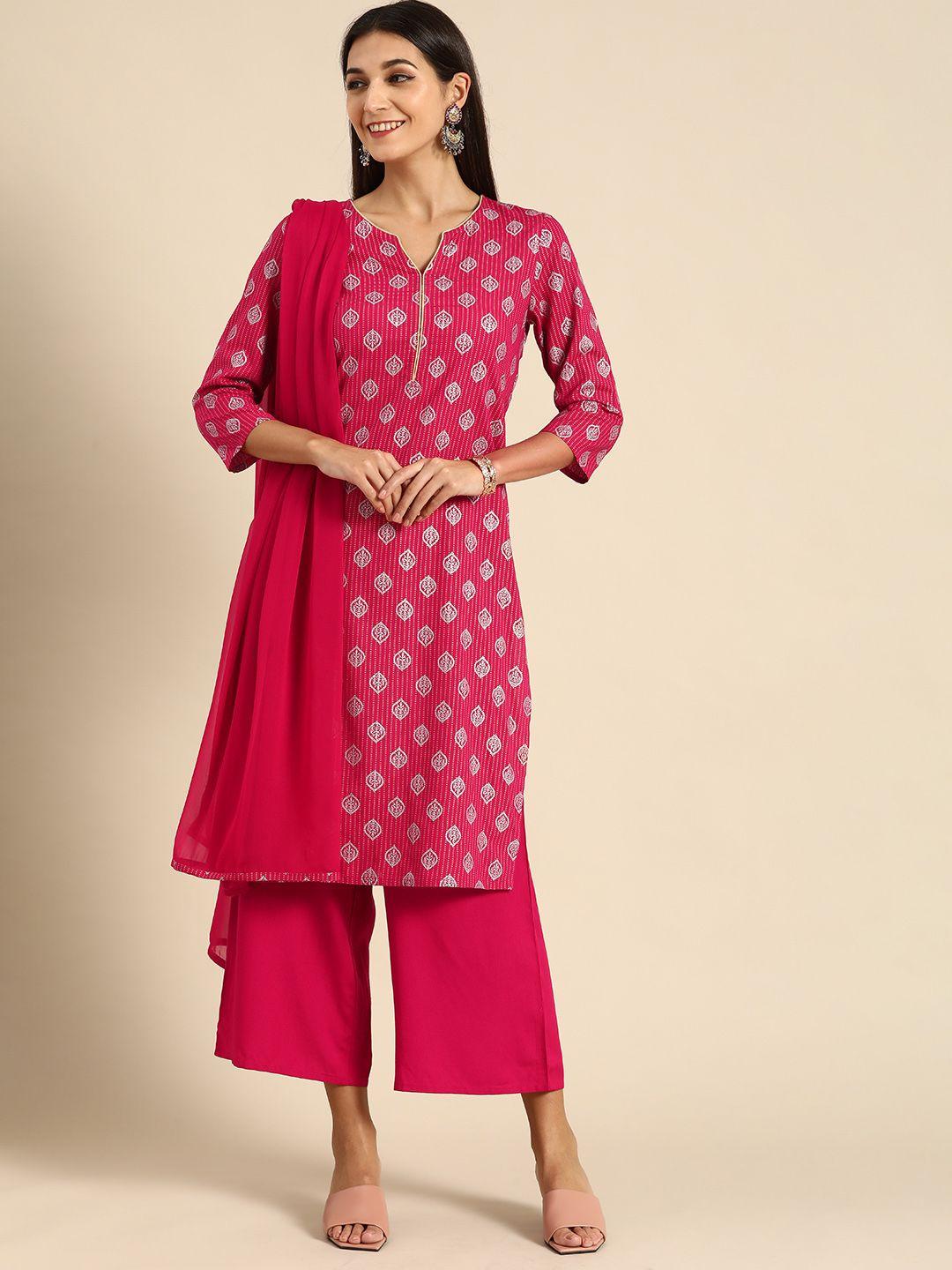 anouk women fuchsia ethnic motifs printed pure cotton kurta with palazzos & dupatta