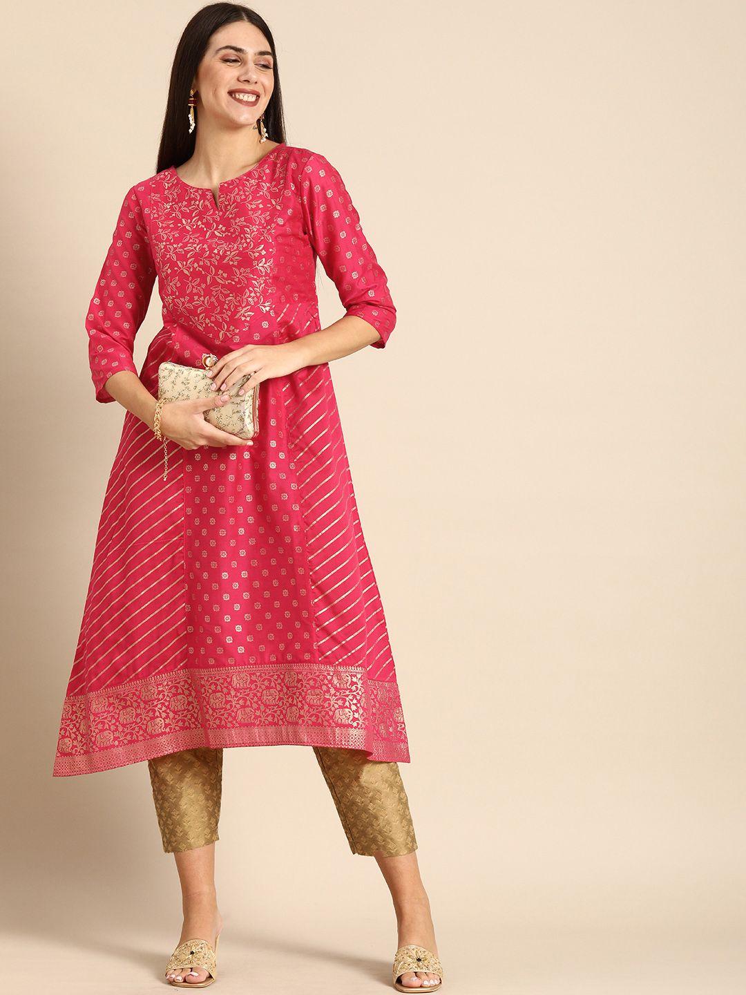 anouk women fuchsia ethnic motifs woven design a-line pure cotton kurta