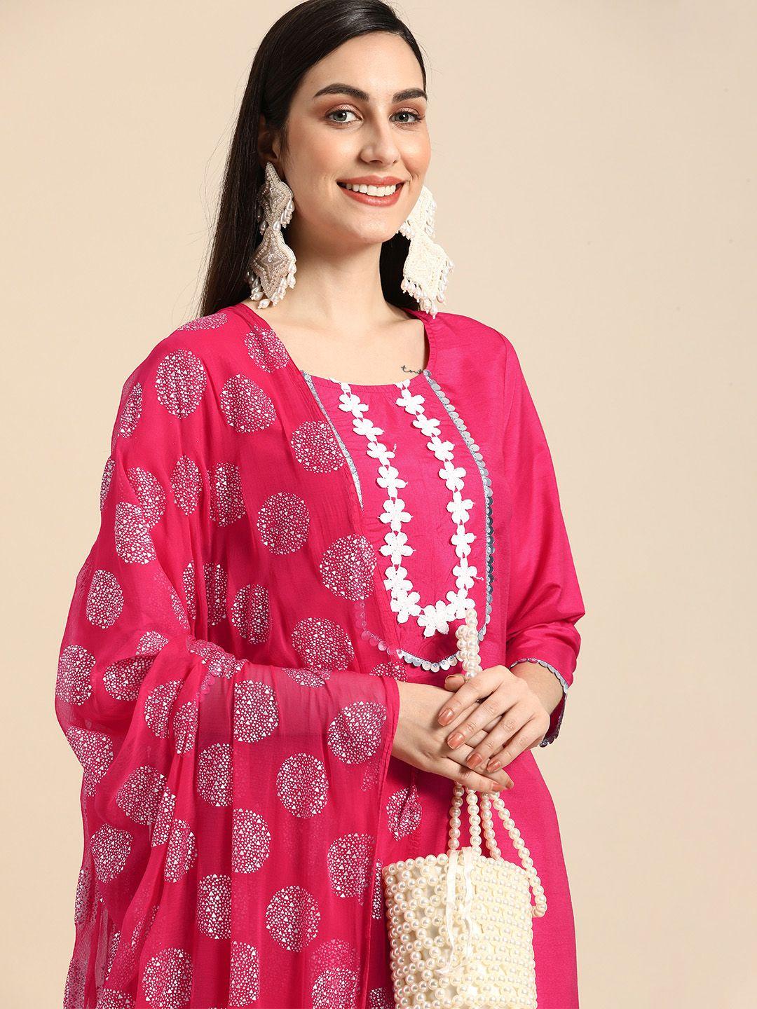 anouk women fuchsia floral & white embroidered sequinned kurta with trousers & dupatta