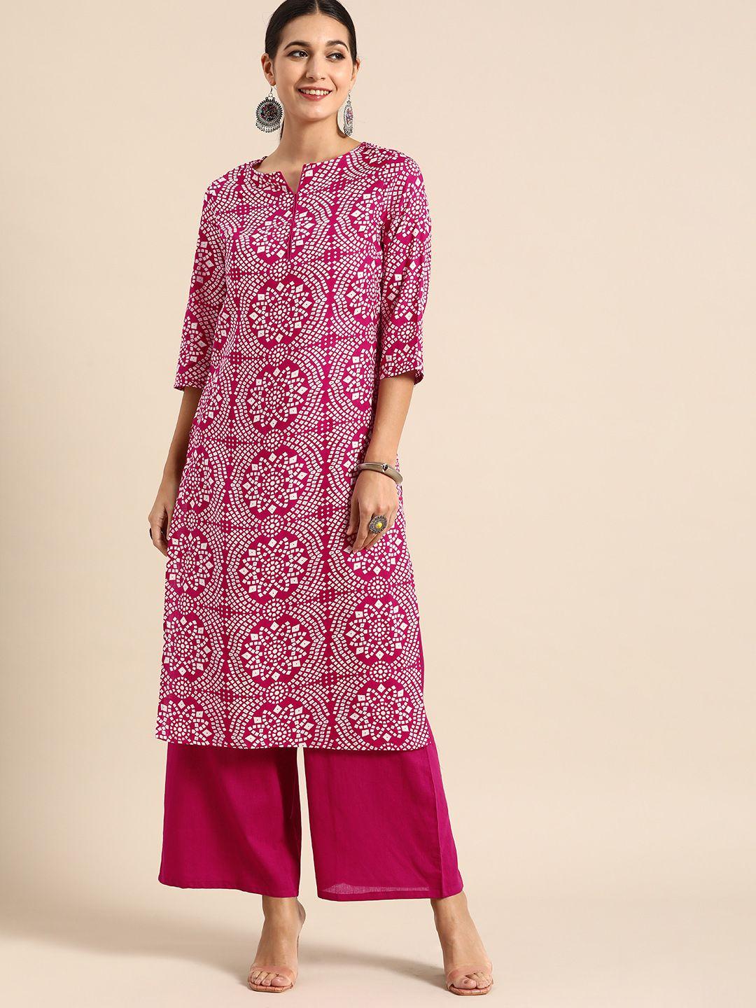 anouk women fuchsia pink & white bandhani print pure cotton kurta with palazzos