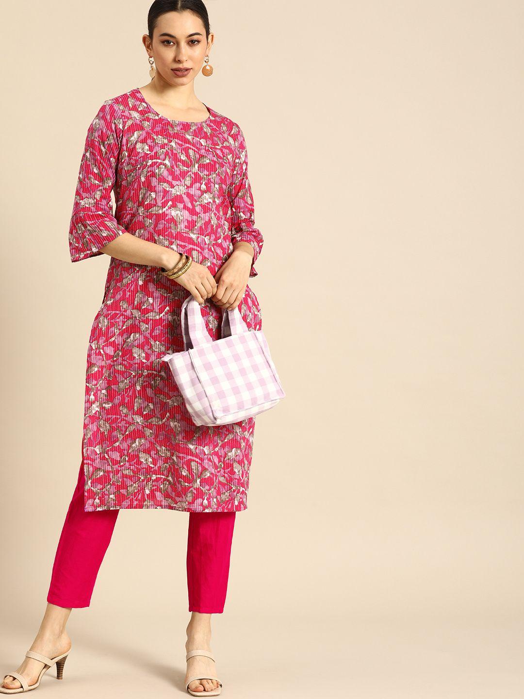 anouk women fuchsia pink printed regular pure cotton kurta with solid trousers