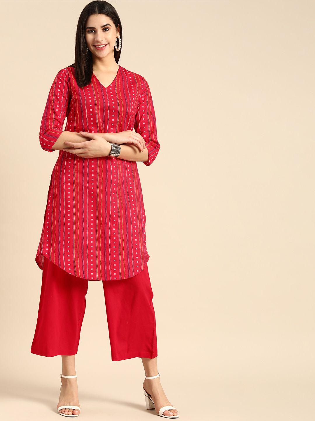 anouk women geometric print pure cotton straight kurta with palazzos