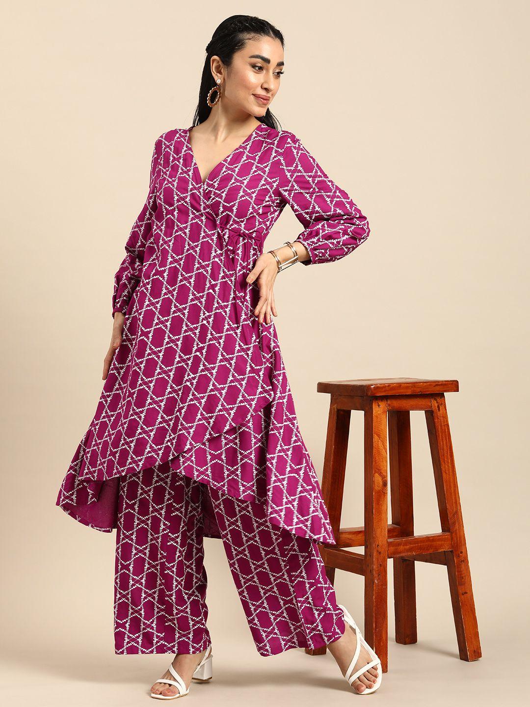 anouk women geometric printed angrakha kurta with palazzos