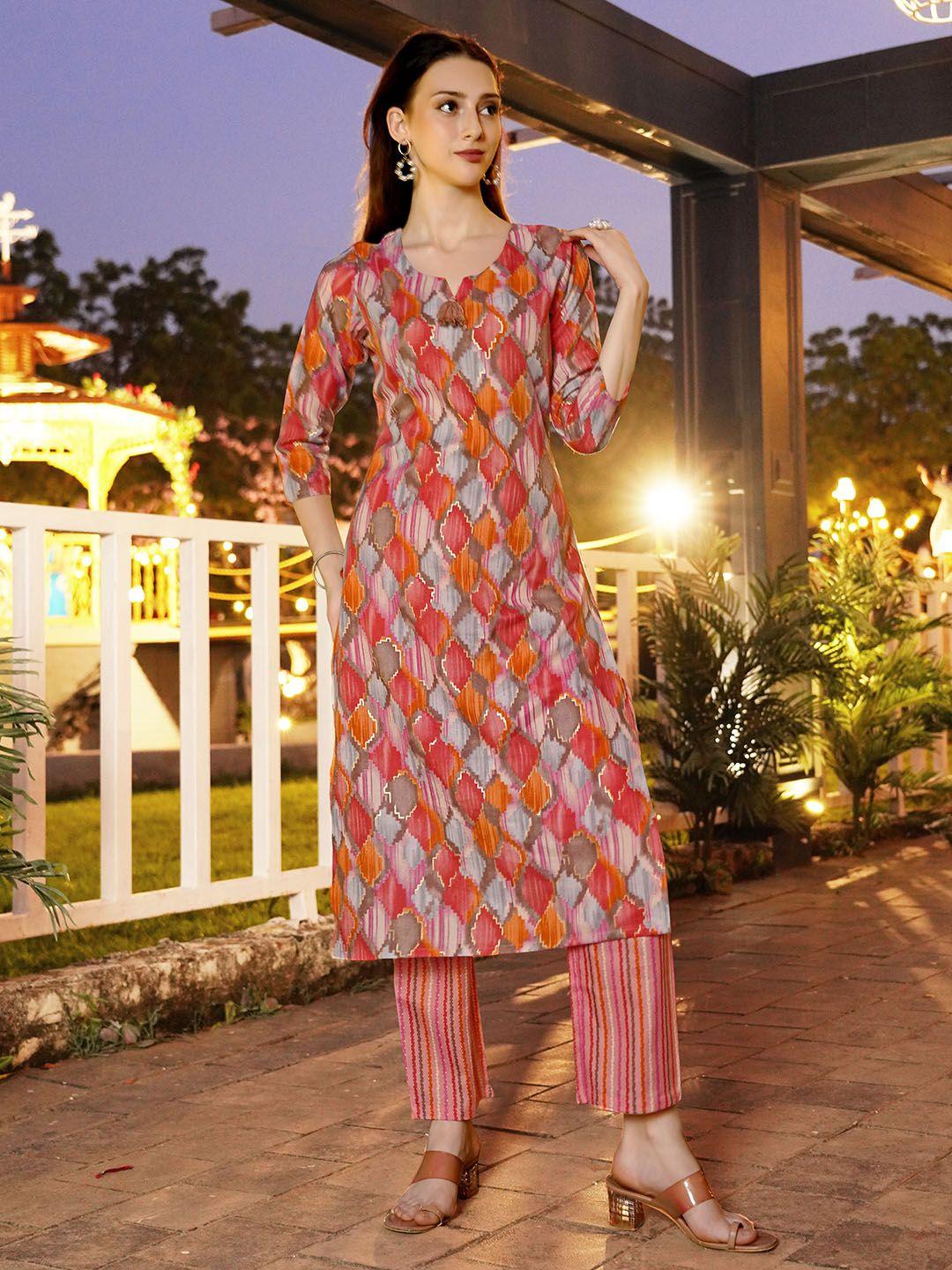 anouk women geometric printed regular pure cotton kurta with trousers