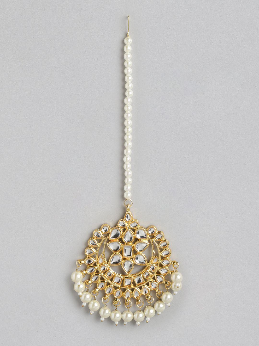 anouk women gold-plated pearl & kundan studded maang tikka
