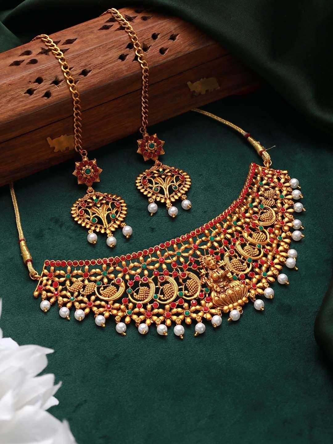 anouk women gold-plated stone-studded & beaded jewellery set