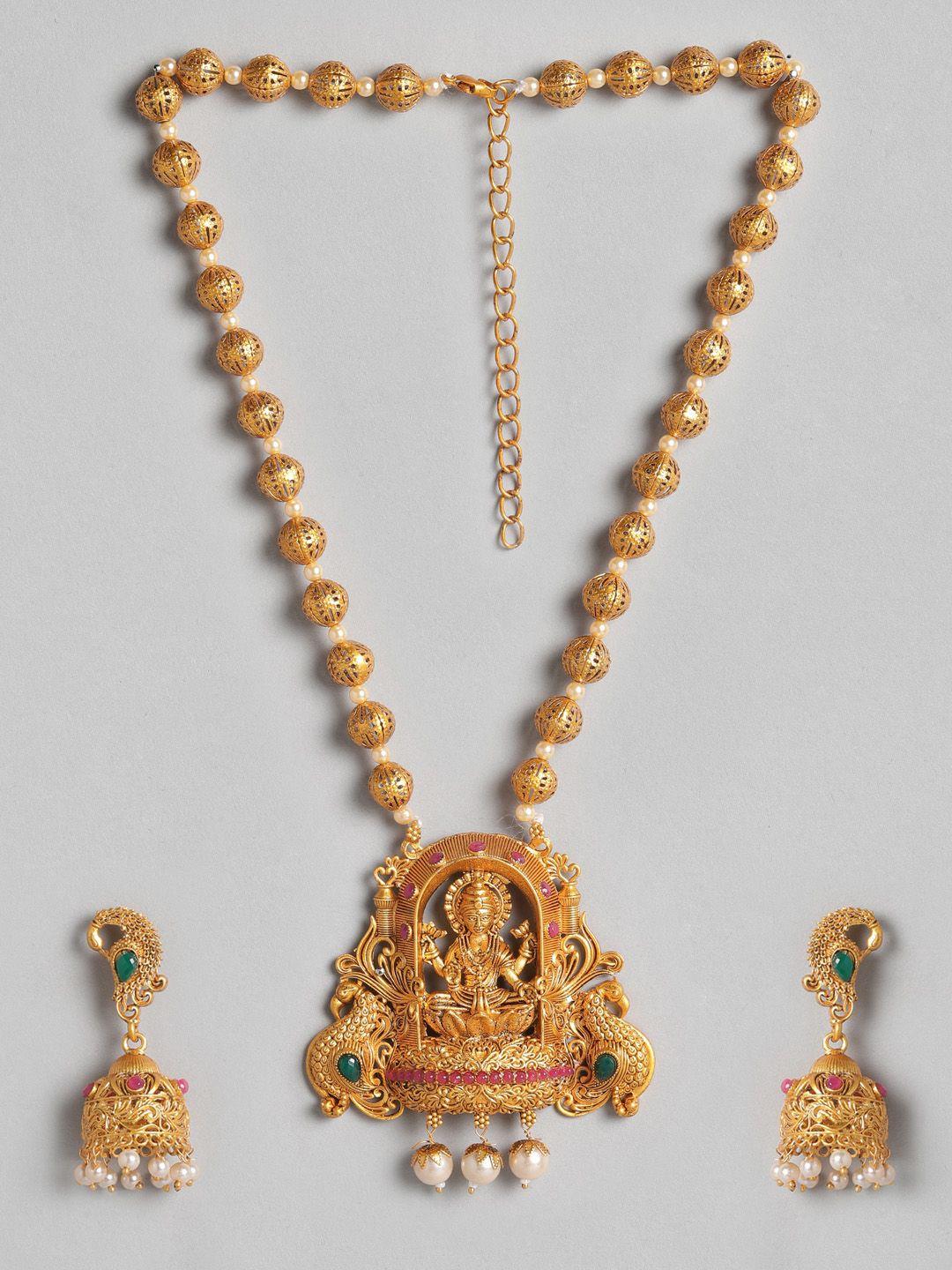 anouk women gold-toned & green goddess laxmi stone studded & beaded temple necklace