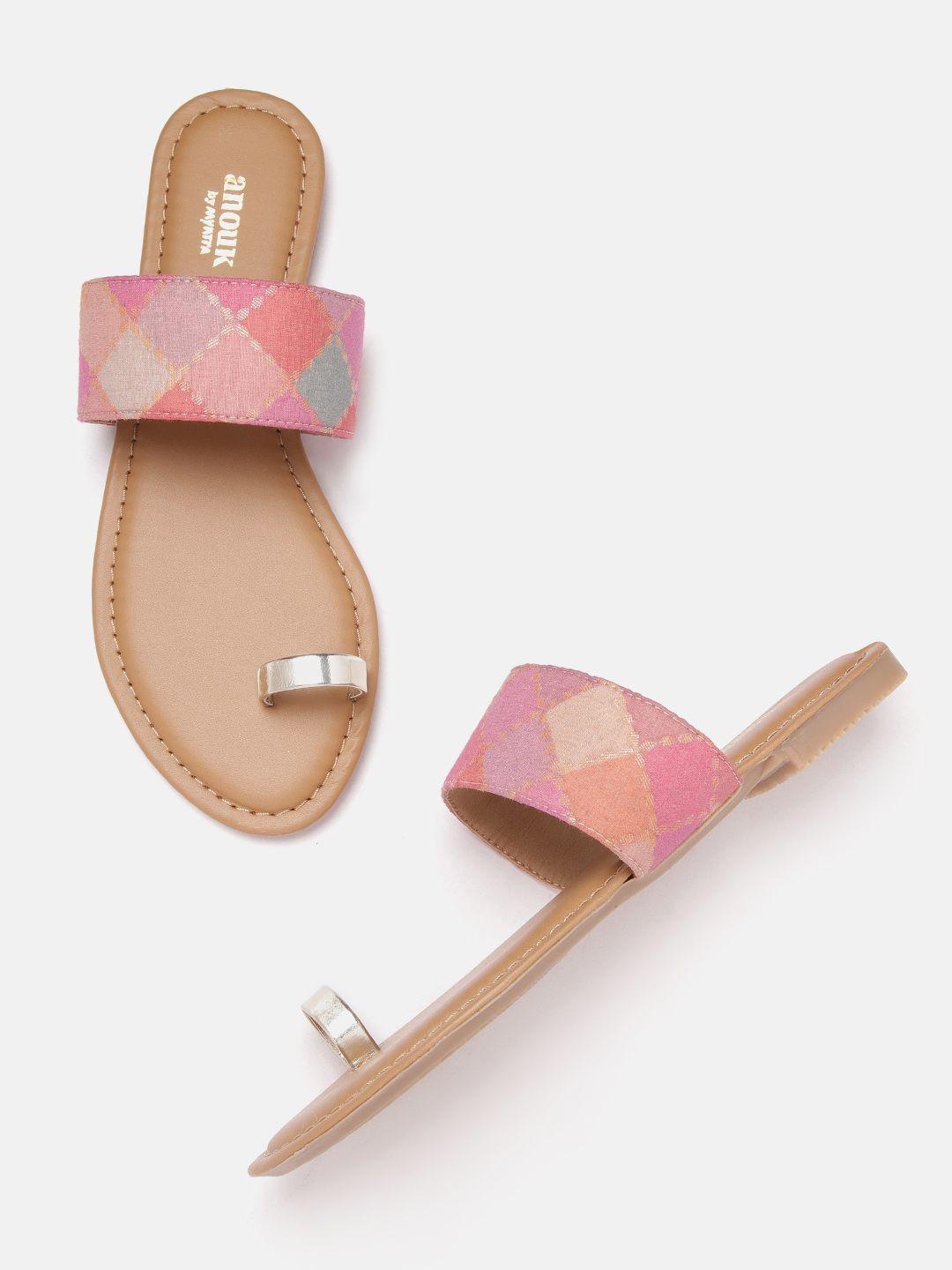 anouk women gold-toned & pink woven design handcrafted one toe flats