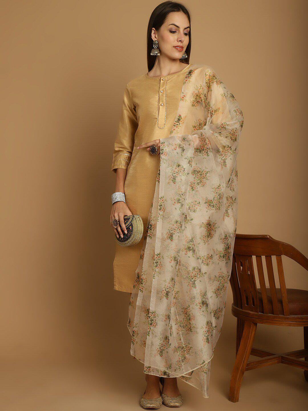 anouk women gold-toned printed regular kurta with trousers & with dupatta