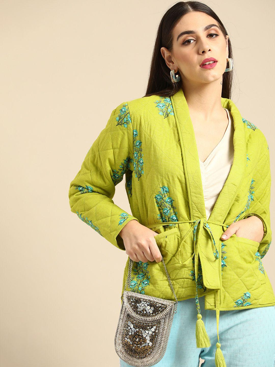 anouk women green & blue floral printed quilted jacket