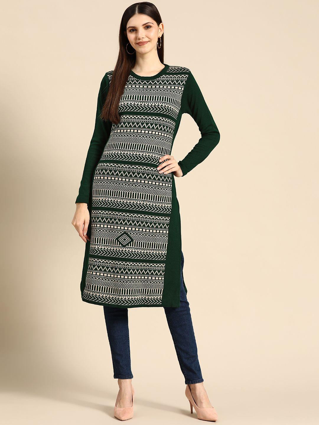 anouk women green & cream-coloured geometric printed knitted kurta