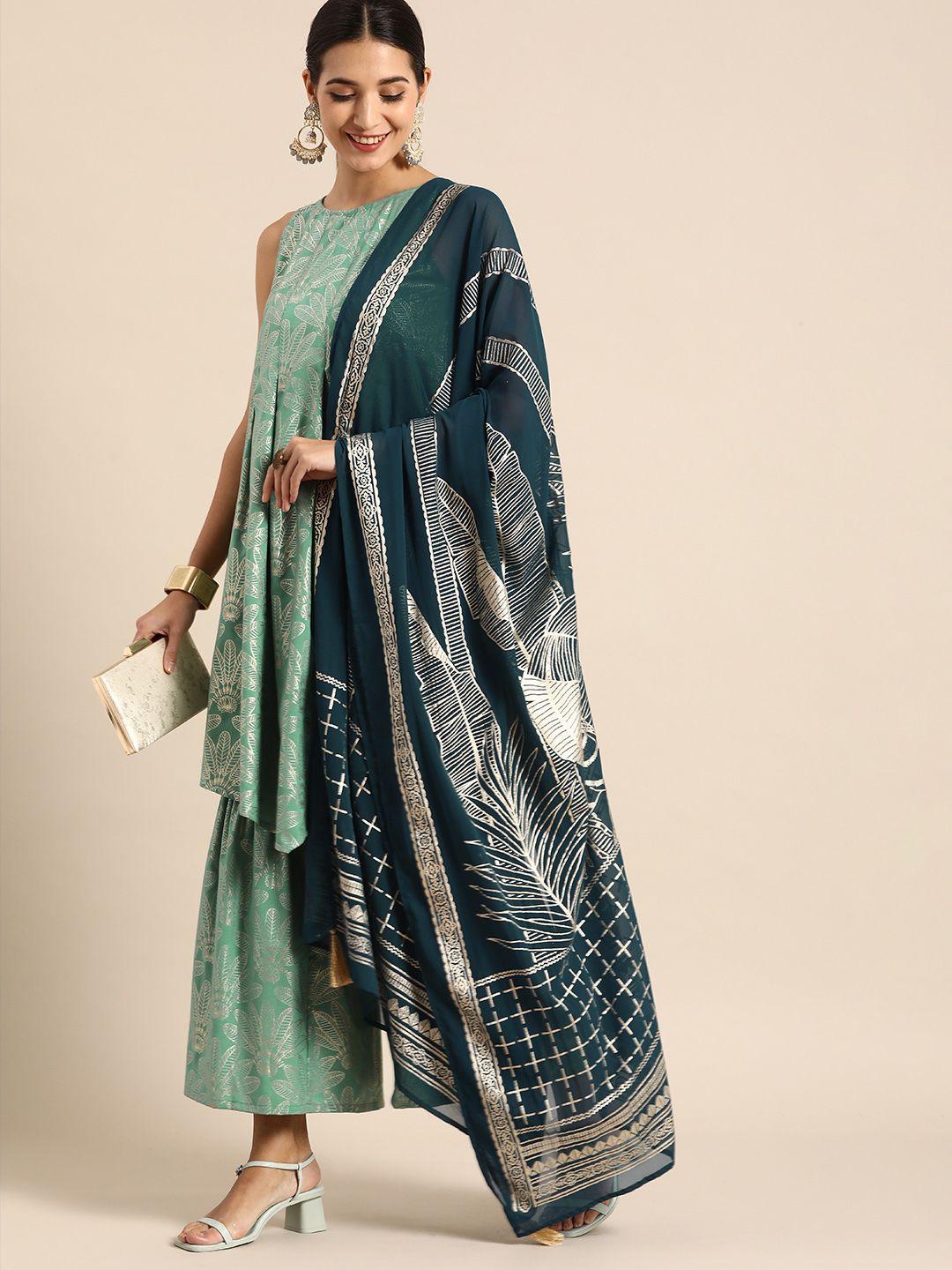 anouk women green & gold-toned floral print pleated kurta with sharara & with dupatta