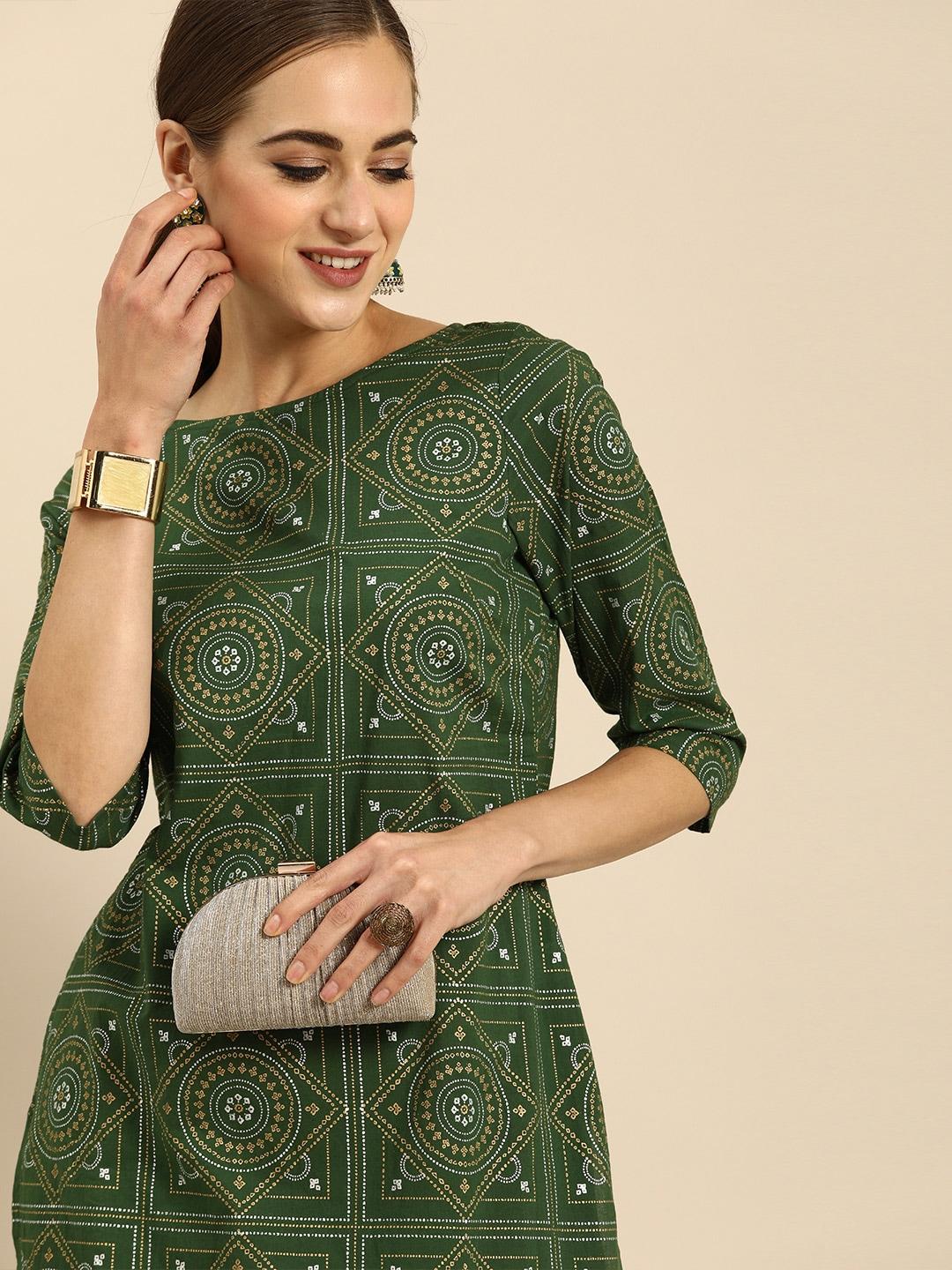 anouk women green & golden ethnic motifs printed kurta