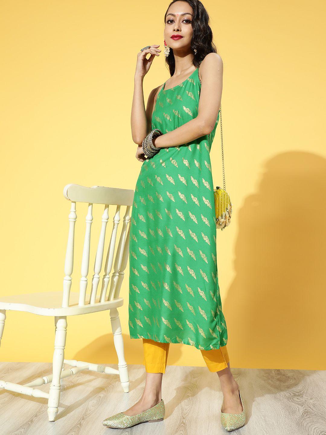 anouk women green & golden ethnic motifs printed kurta